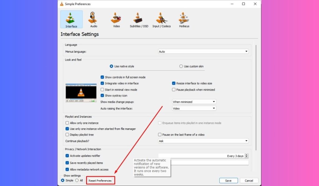 Reset VLC Preferences to Default