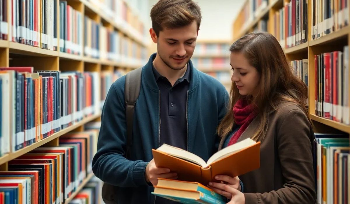 Librarian helping a student find books in an academic library.